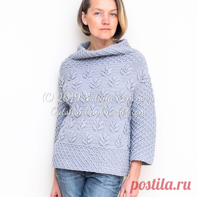 Tara Sweater crochet pattern.
Swipe through images. I made the prototype with cotton blend in Sport weight (Premier Yarns Cotton Fair), but it can be made as a winter sweater with wool yarn as well. 
Made in overlay crochet technique. 
Pattern is via link in profile.
I am back from a vacation! It was a shock coming from Miami to Pennsylvania 😭❄️🥶. #outstandingcrochet #crochetpattern #crochetsweater #crochetpullover #crochetjumper #overlaycrochet