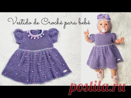 Vestido de Crochê para bebê/Tamanho 1 mês - Orientação para tamanhos até 1 ano na descrição.