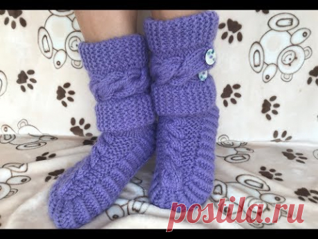 Домашние сапожки с косами спицами, угги для дома, пинетки/пошаговое видео