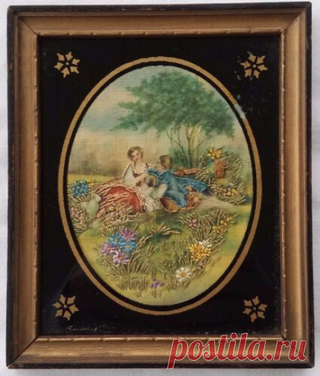 Antique Silk Embroidered W/C Painting Courting Couple w/ Reverse Painted Glass | eBay