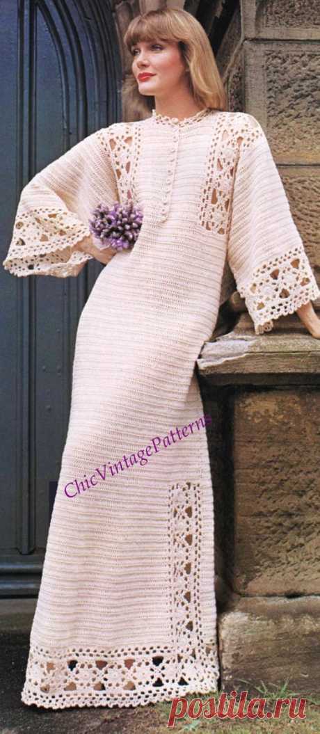 Ladies Wedding Dress Crochet Pattern, Instant Download, Hostess Gown A very attractive long wedding dress. A retro dress with a long slim line and wide sleeves. The dress has attractive crochet lacy features. Crochet this dress in your favourite colour to create a stylish evening or dinner gown. The fourth photograph shows sizing information and yarn details. Please note you are not pur