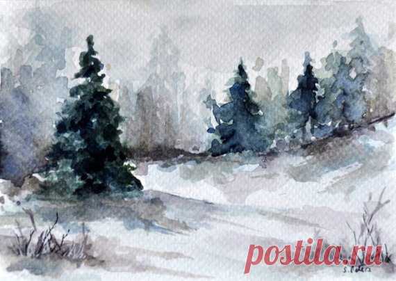 Original Watercolor Landscape Painting, Winter Trees Illustration, Small Christmas Artwork 4x6 inch Original watercolor painting on acid free postcard paper. Handpainted, NOT a print. This painting can be framed and displayed like any other painting or can be used as a postcard.  Size: 10x15 cm / approx 4x6 Inch  Signed on the front.  I invite you to view more of my paintings here:
