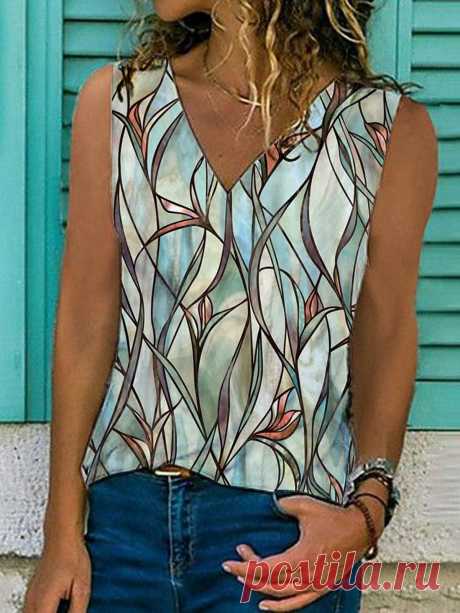 Floral Sleeveless Printed Cotton-blend V neck Vintage Summer Green Top - Cicicloth