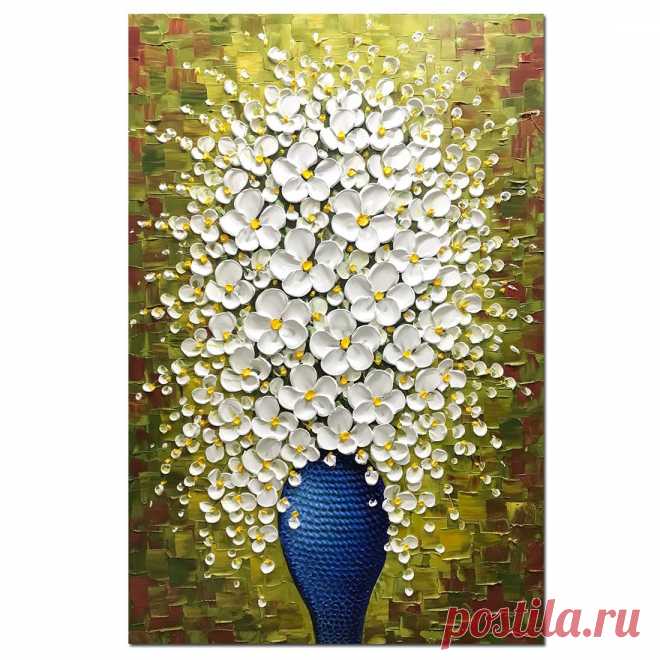 Handmade Original 3D White Flower in Blue Vase Vertical Oil Paintings – AsdamArt
