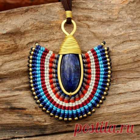 (11) Tribal design necklace with waxed cotton weaving matched to hand shaped brass and lapis lazuli gemstone | Этнический Дизайн, Ожерелья и Ткачество
