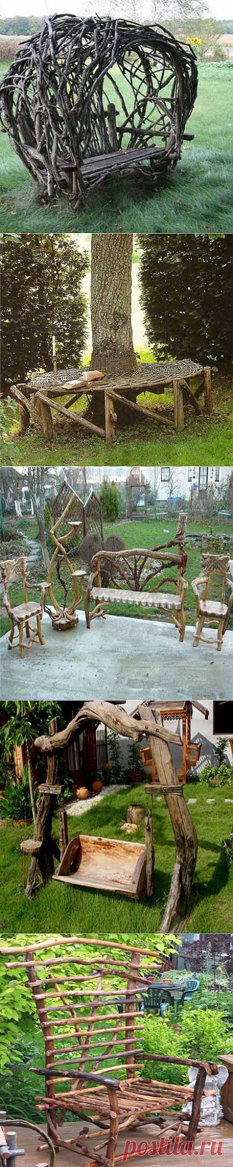 Садовая мебель из дерева, веток, пеньков и коряг