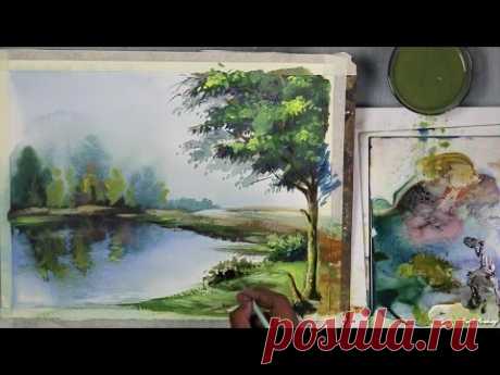 Acrylic Painting : Landscape | step by step lake, tree, reflection on water painting