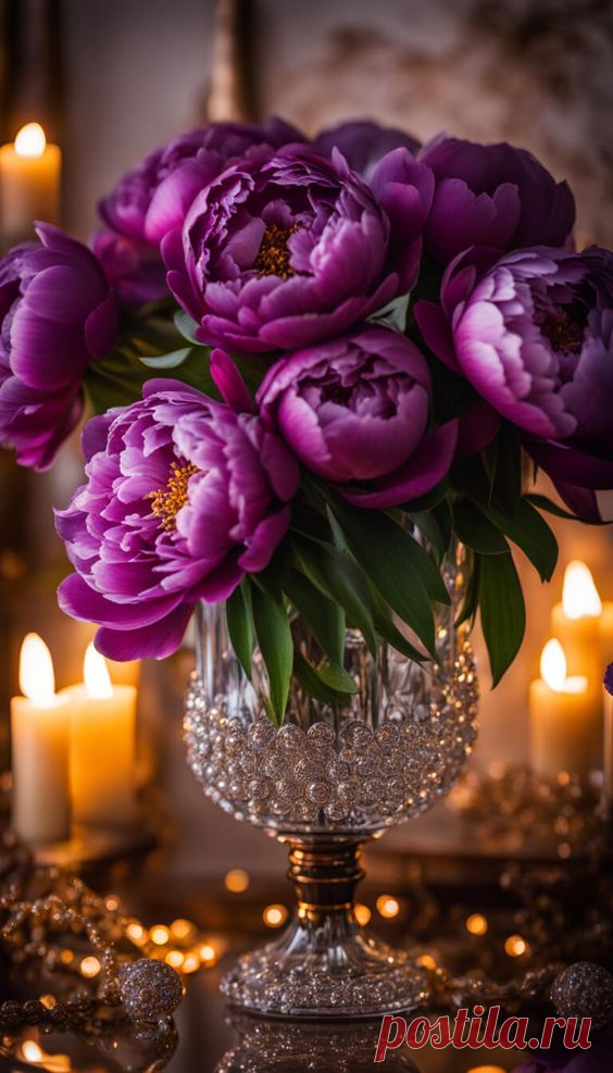 Purple peonies in a crystal vase