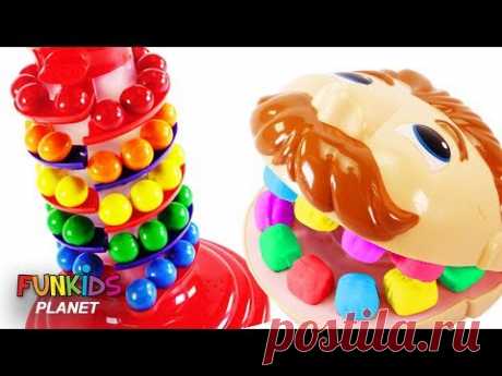LEARN COLORS Feeding Mr. Play Doh Head Rainbow Gumballs with Dubble Bubble Gum Dispenser!