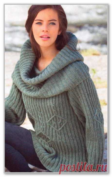 Вязание спицами. Описание женской модели со схемой и выкройкой. Однотонный пуловер с объемным воротником-хомут. Размеры: 38/40 (42) 44/46)