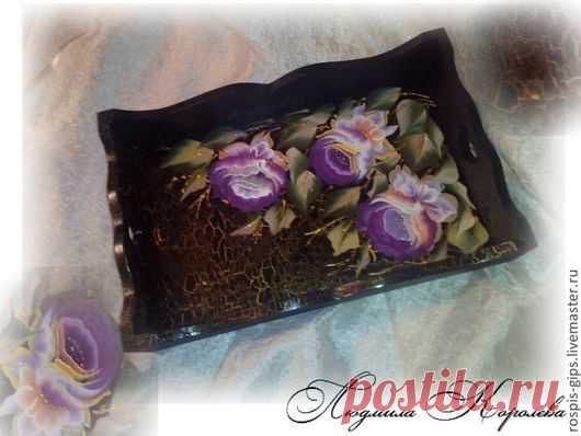 Купить Поднос Тагильские розы средний - черный, золотой, кракелюр, поднос, поднос для кухни