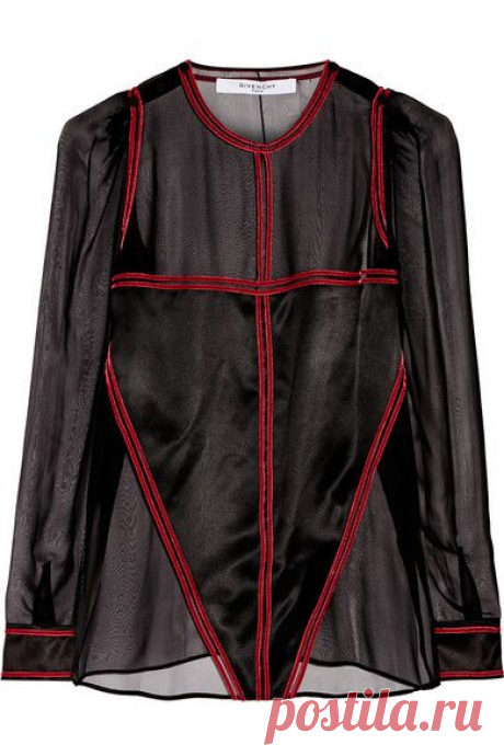 Givenchy | Blouse in velvet-trimmed and satin-paneled black silk-chiffon | NET-A-PORTER.COM