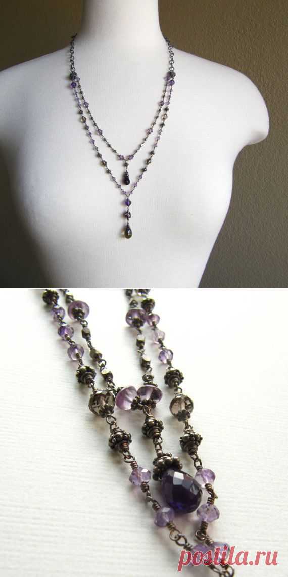 Long Double Strand Necklace Wire Wrapped Amethyst от mylenefoster