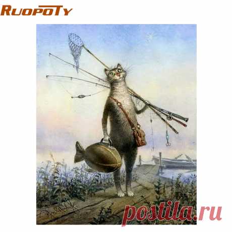 Ruopoty-Cat-Рыбная-ловля-Животные-DIY-цифровой-Краски-ing-по-номерам-комплект-рисования-Краски-по-номерам.jpg (800×800)