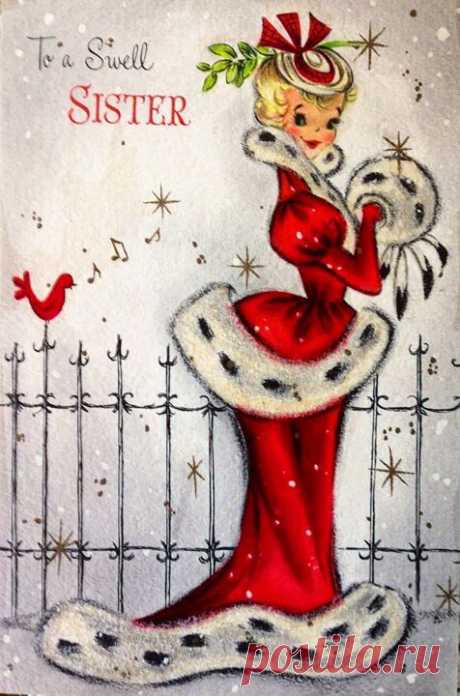 Vintage Hallmark Christmas Greeting Card Glam Gal in Red Fur trimmed Suit EB4056
