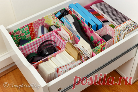 Office Drawer Organizing DIY with free materials Use old boxes and containers and do some office drawer organizing. It is easy, free and looks so cute. And you'll never have to search for the stapler again.