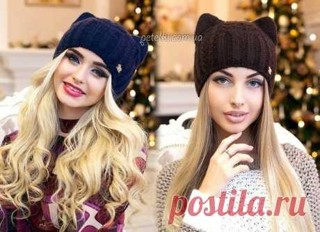 Модная шапка &quot;Кошка&quot; - модель для подростков и взрослых спицами