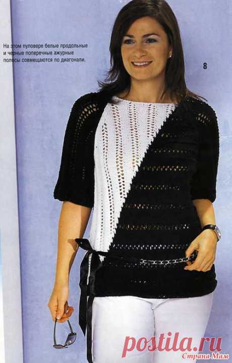 Черно-белый пуловер-реглан: белые продольные и чёрные поперечные ажурные полосы совмещаются по диагонали. Спицами. Размеры: 46 (48-50) 52-54. / Страна Мам