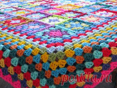 Granny Squares Crochet Blanket Afghan Big Border A gorgeous granny square afghan blanket all crocheted together with gorgeous bright different colored yarns. Bright, cheerful and Happy, colorful granny squares. Perfect for bed, sofa, car, caravan, festivals, picnics etc.  This blanket will be a delightful and valued addition to anyones family and home.  Measures 45 x 45 approx. Made using good quality acrylic yarn it is both soft, snuggly and warm. Machine washable and can...