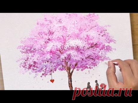 Painting a Pink Cherry Blossom Tree / Cotton Swabs Painting Technique #441