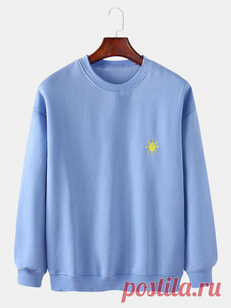 Mens Cotton Weather Symbol Embroidery Round Neck Long Sleeve Pullover Simple Sw - US$24.99