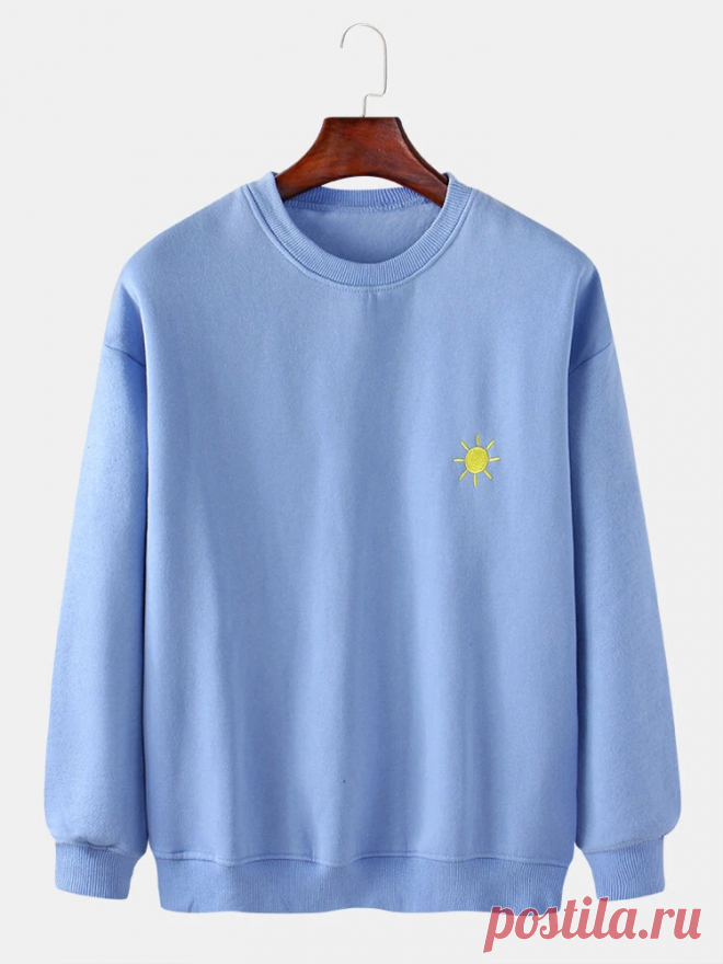 Mens Cotton Weather Symbol Embroidery Round Neck Long Sleeve Pullover Simple Sw - US$24.99