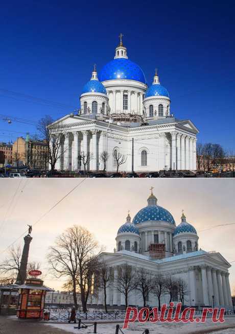 Троице-Измайловский собор на Троицкой площади в Адмиралтейском районе Санкт-Петербурга. Полное наименование — Собор Святой Живоначальной Троицы лейб-гвардии Измайловского полка. Храм построен в стиле ампир. На время освящения собор являлся крупнейшим в России. Купола расписаны золотыми звездами по голубому фону по личному указанию Николая I, данному в 1826 году: купола должны быть выкрашены наподобие куполов Архангельского собора в Москве и Тверского в Твери. | Красивейшие храмы России