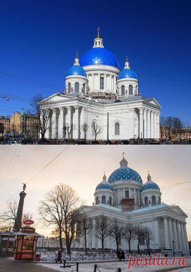 Троице-Измайловский собор на Троицкой площади в Адмиралтейском районе Санкт-Петербурга. Полное наименование — Собор Святой Живоначальной Троицы лейб-гвардии Измайловского полка. Храм построен в стиле ампир. На время освящения собор являлся крупнейшим в России. Купола расписаны золотыми звездами по голубому фону по личному указанию Николая I, данному в 1826 году: купола должны быть выкрашены наподобие куполов Архангельского собора в Москве и Тверского в Твери. | Красивейшие храмы России