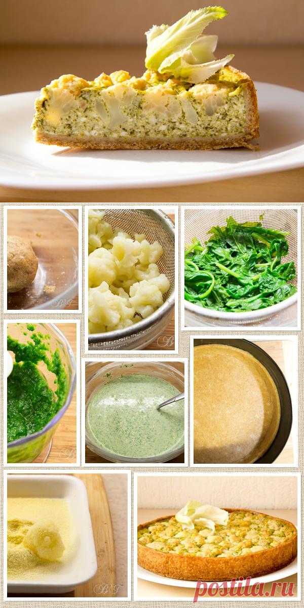 Киш с творогом, шпинатом и цветной капустой.
