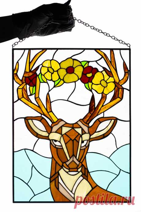 Stained glass Window hanging Deer in love Flower suncatcher Stained gl Stained glass panel made by my own design.Made from glass pieces using the Tiffany copper foil technique. Framed with brass profile.You will get it completely ready for installation. It comes with a self-adhesive hook and copper chain. Width: 11 inches Height: 14 inches