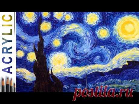 Starry Night. How to paint landscape 🎨ACRYLIC tutorial DEMO