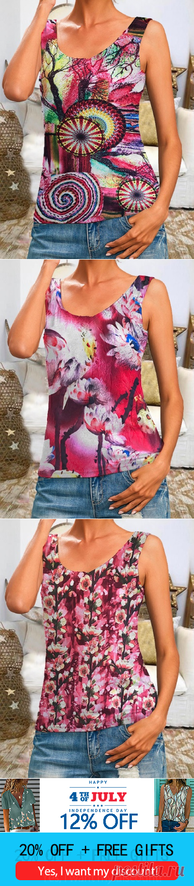 $ 20.98 - Floral-Print Crew Neck Sleeveless Casual Shirts & Tops - www.clothingi.com