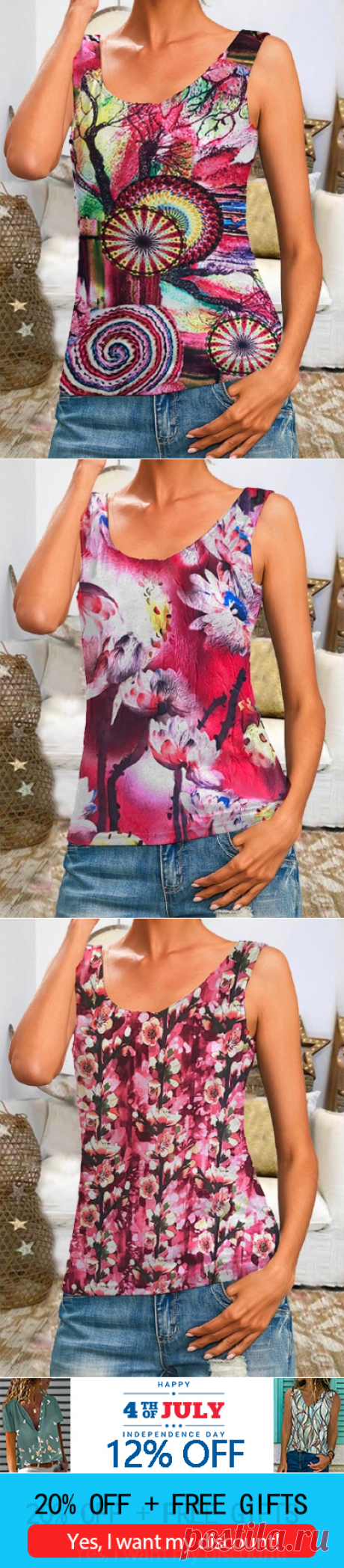 $ 20.98 - Floral-Print Crew Neck Sleeveless Casual Shirts &amp; Tops - www.clothingi.com