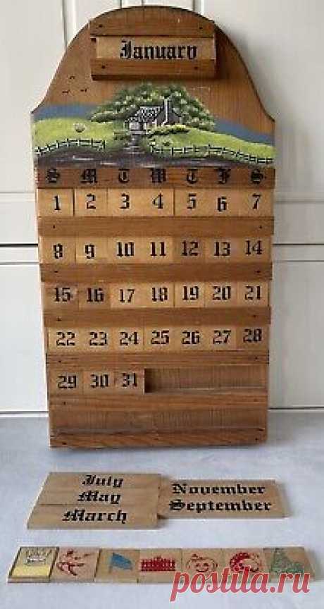 Wooden Perpetual Wall Calendar Farm Scene Vintage Complete  | eBay Preowned perpetual calendar. It has all the pieces; tiles 1-31 for the days, 6 month tiles that are double sided, and 7 holiday tiles and 6 of them are double sided. The picture is of a little house on some grassy land. It is in excellent condition (see pictures).