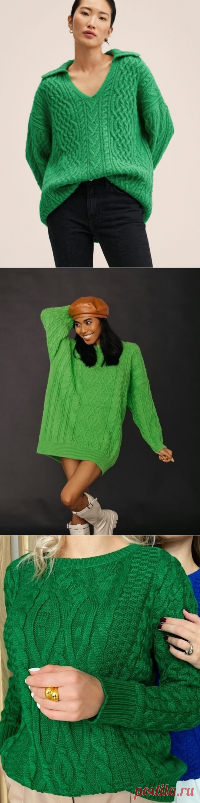 Подборка арановых зеленых свитеров со схемами и описаниями
