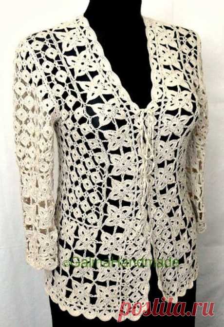 Crochet Summer Jacket Original Designe Irish Lace Beige The original crochet jacket with lacing is connected by a hook from 100% cotton of beige color in technics of the Irish motives and continuous knitting; very beautiful; elegant ,to you will be very cosy and comfortably in it you will be charming this jacket will bring to you Success.a