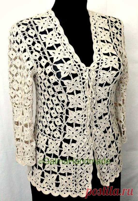 Crochet Summer Jacket Original Designe Irish Lace Beige The original crochet jacket with lacing is connected by a hook from 100% cotton of beige color in technics of the Irish motives and continuous knitting; very beautiful; elegant ,to you will be very cosy and comfortably in it you will be charming this jacket will bring to you Success.a