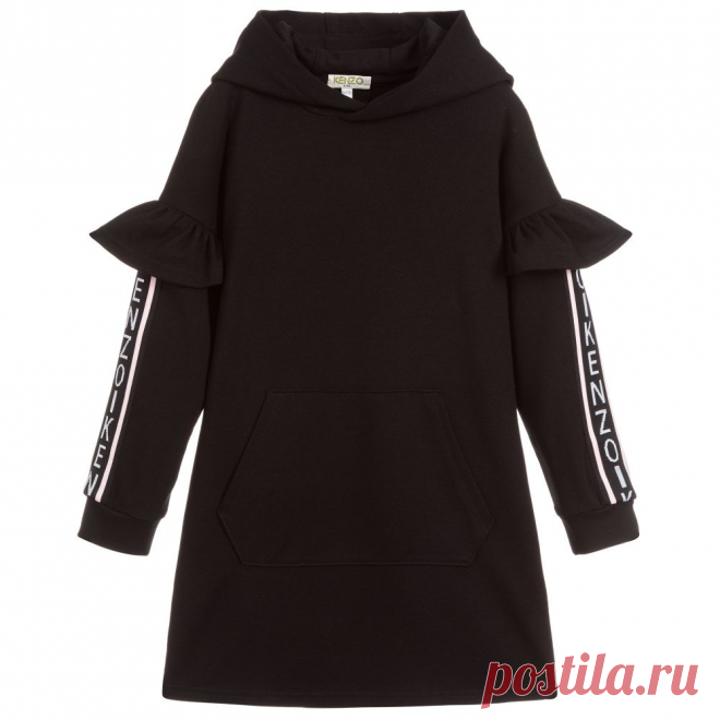 Girls Black Hooded Dress Girls black hooded dress by Kenzo Kids, made in soft and comfortable viscose jersey in a relaxed fit. The dropped sleeves have pretty frilled details with pale pink, grey and black knitted logo tape along the outside seams.
