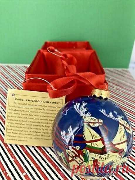 ONE OF A KIND INSIDE HAND PAINTED GLASS ORNAMENT SANTA SLEIGH & REINDEER  | eBay GOLD FLOWER ON BOTTOM AND GOLD TOP TO HOLD SATIN RIBBON, IN RED SATIN BOX WITH BOW.