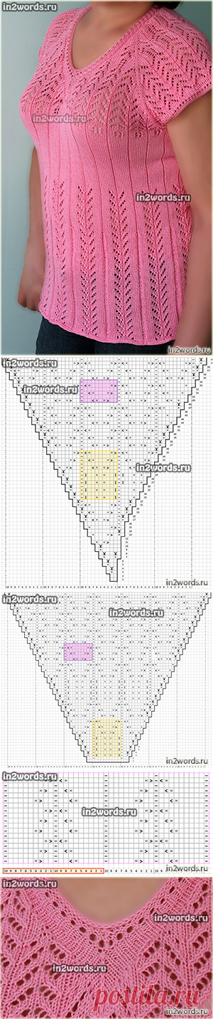 Ажурная кофточка с геометрическим рисунком на кокетке с V-вырезом. Вязание спицами.