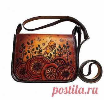 Hand painted leather bag with bird and flowers. small womens bag, leather women's bag, crossbody bag, shoulder bag, This small elegant ladies handbag is made of genuine leather and decorated in modern style.  The picture is handpainted and burned in pyrography technique.  The shoulder strap is made from genuine leather and is adjustable. The main compartment is with a zipper. There is a lining with two