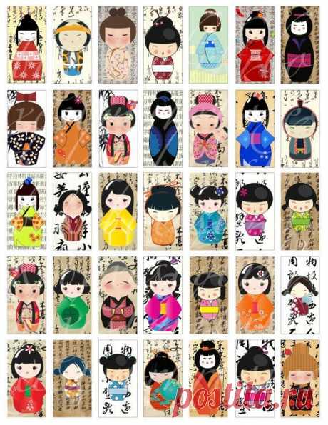 Instant Download 35 domino sized Kokeshi dolls 1 x 2 inches, digital collage…