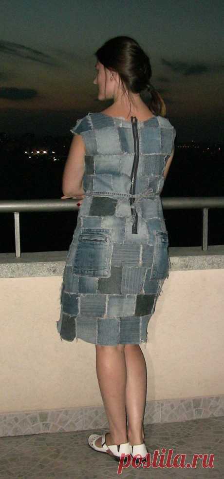 Recycled Denim Denim colored Dress Classy midi dress Knee length Denim Patchwork…