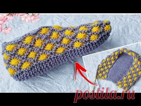 ИЗ ОСТАТКОВ ПРЯЖИ. Домашние следки &quot;Одуванчики&quot; размер 36-38 на 2 спицах №3.5 без шва на подошве. Пряжа- Ализе лана голд. (100гр-240м), расход 75г