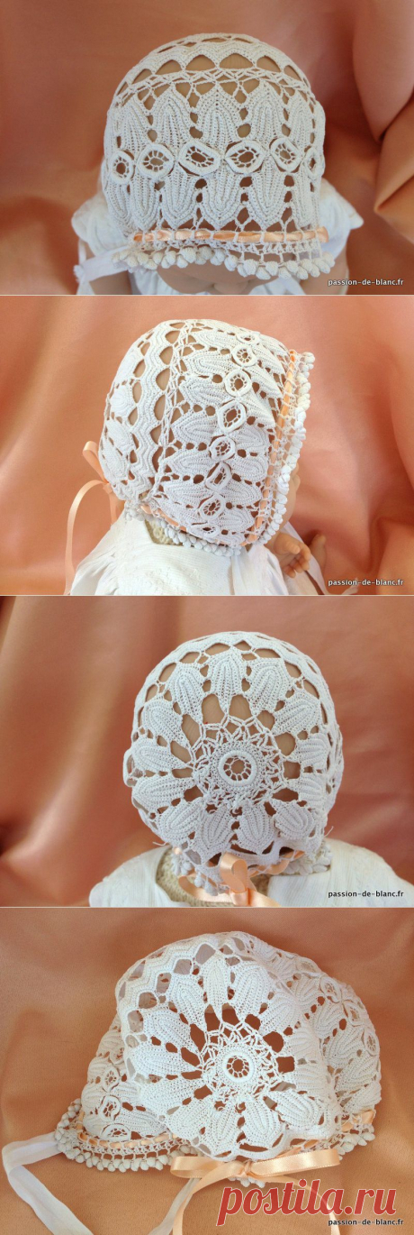 Linge ancien de bébé &gt; Robes, robes de baptême, bonnets, bavoirs &gt;   LINGE ANCIEN/ Joli bonnet en dentelle réalisé à la main au crochet d art - Passion de Blanc - Broderie ancienne - Antique &amp; Vintage French linen