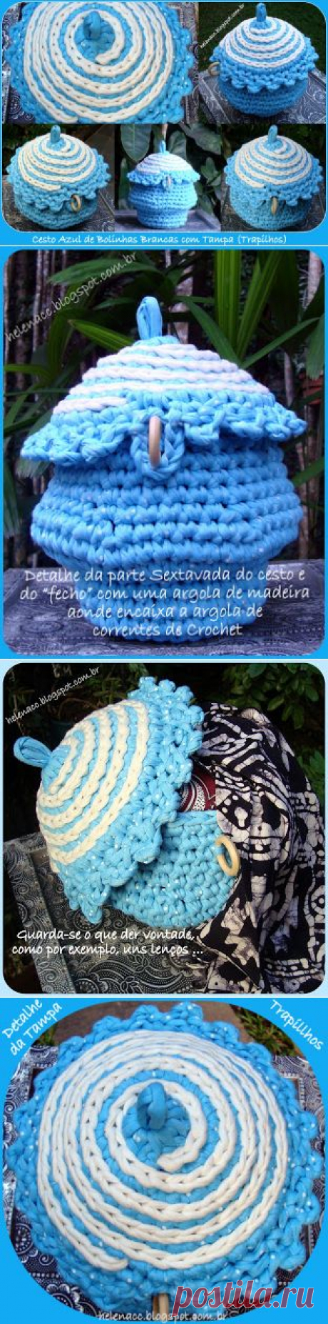 EU TAMBÉM CROCHETO...: Cesto Azul de Bolinhas Brancas em Trapilhos