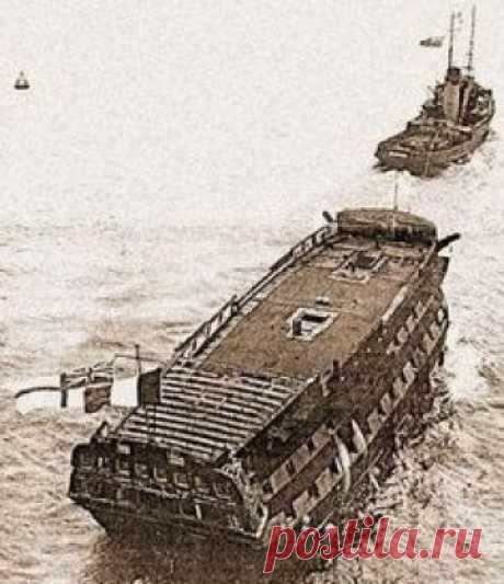HMS Implacable, December 1949. When the Royal Navy finally scuttled Implacable in 1949, she flew both the French and British flags side-by-side as she sank.