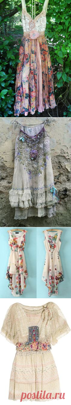 Boho floral dress ruffle cotton tea stained romantic shabby wedding prairie bohemian rose medium by vintage opulence on