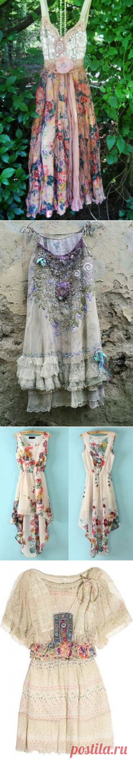 Boho floral dress ruffle cotton tea stained romantic shabby wedding prairie bohemian rose medium by vintage opulence on