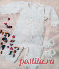 Схема вязания спицами, комплект для новорожденного, кофточка, комбинезон, пинетки, р-р 0-3 месяца.